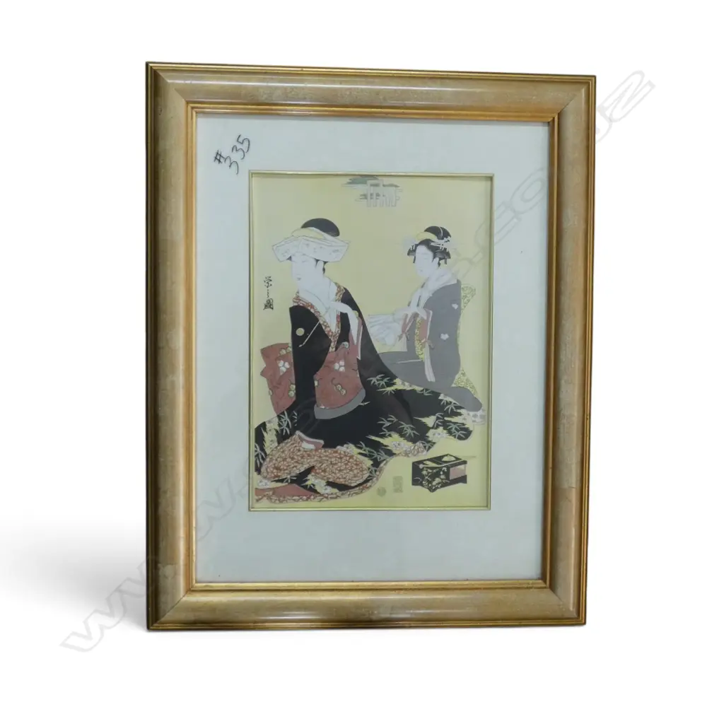 2 ORIENTAL ARTWORKS; PRINT w. 2 FIGURES, WC ON FABRIC CRANE BIRDS 440x300mm Image 1++