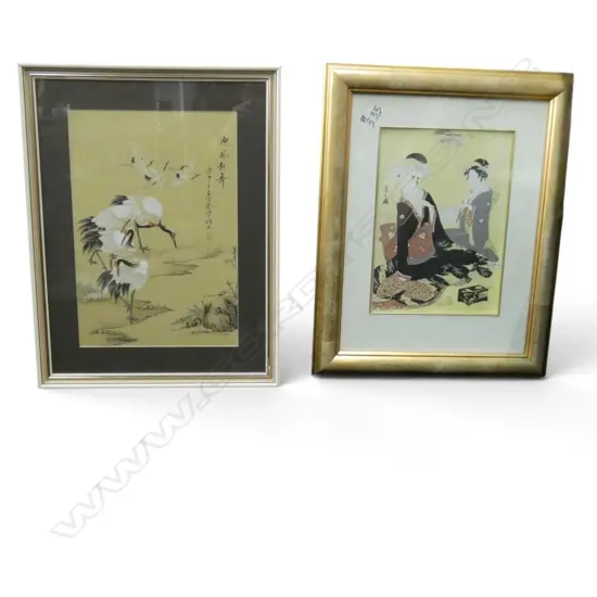 2 ORIENTAL ARTWORKS; PRINT w. 2 FIGURES, WC ON FABRIC CRANE BIRDS 440x300mm