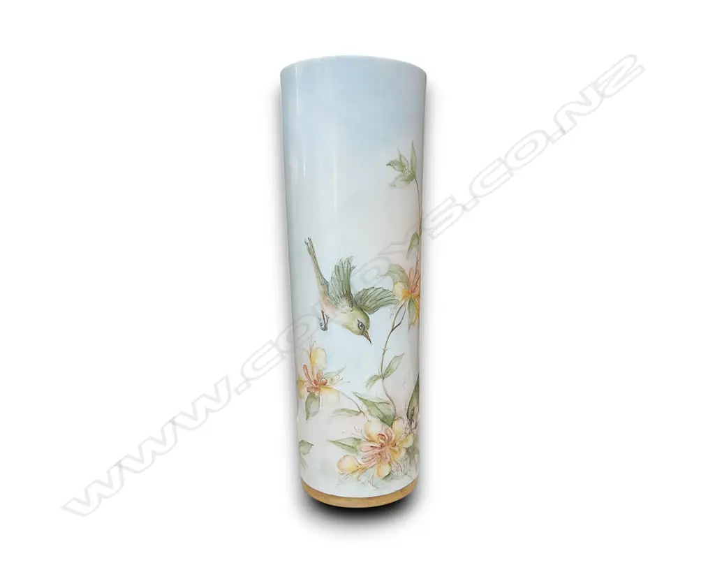 CYLINDRICAL WHITE PORCELAIN VASE WITH A HAND-PAINTED FLORAL BIRD DESIGN 250h X 80d Image 1++