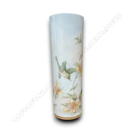 CYLINDRICAL WHITE PORCELAIN VASE WITH A HAND-PAINTED FLORAL BIRD DESIGN 250h X 80d