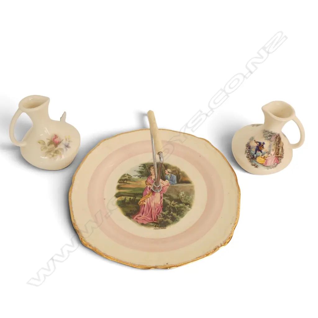 CROWN LYNN CAKE PLATE & 2 OIL JUGS Dia.225mm Image 1++