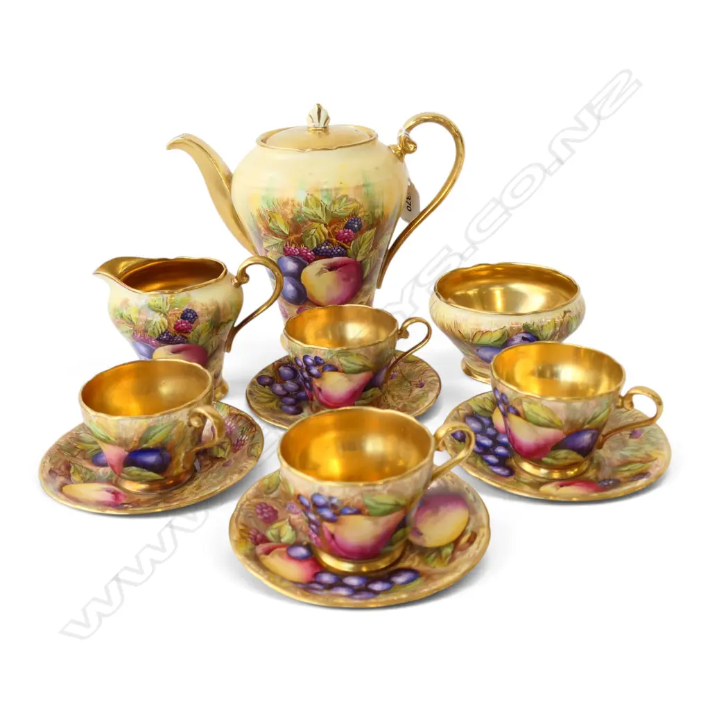 AYNSLEY ORCHARD GOLD DEMI TASSE 4 CUP & SAUCER COFFEE SET w POT + SUGAR & CREAM Image 1++