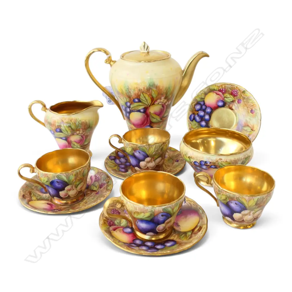AYNSLEY ORCHARD GOLD DEMI TASSE 4 CUP & SAUCER COFFEE SET w POT + SUGAR & CREAM Image 1++