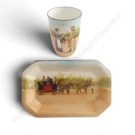 ROYAL DOULTON COACHING DAYS RARE TUMBLER & PIN DISH Blue Sky variation 1905-6, tumbler bone china w rare scene E2768