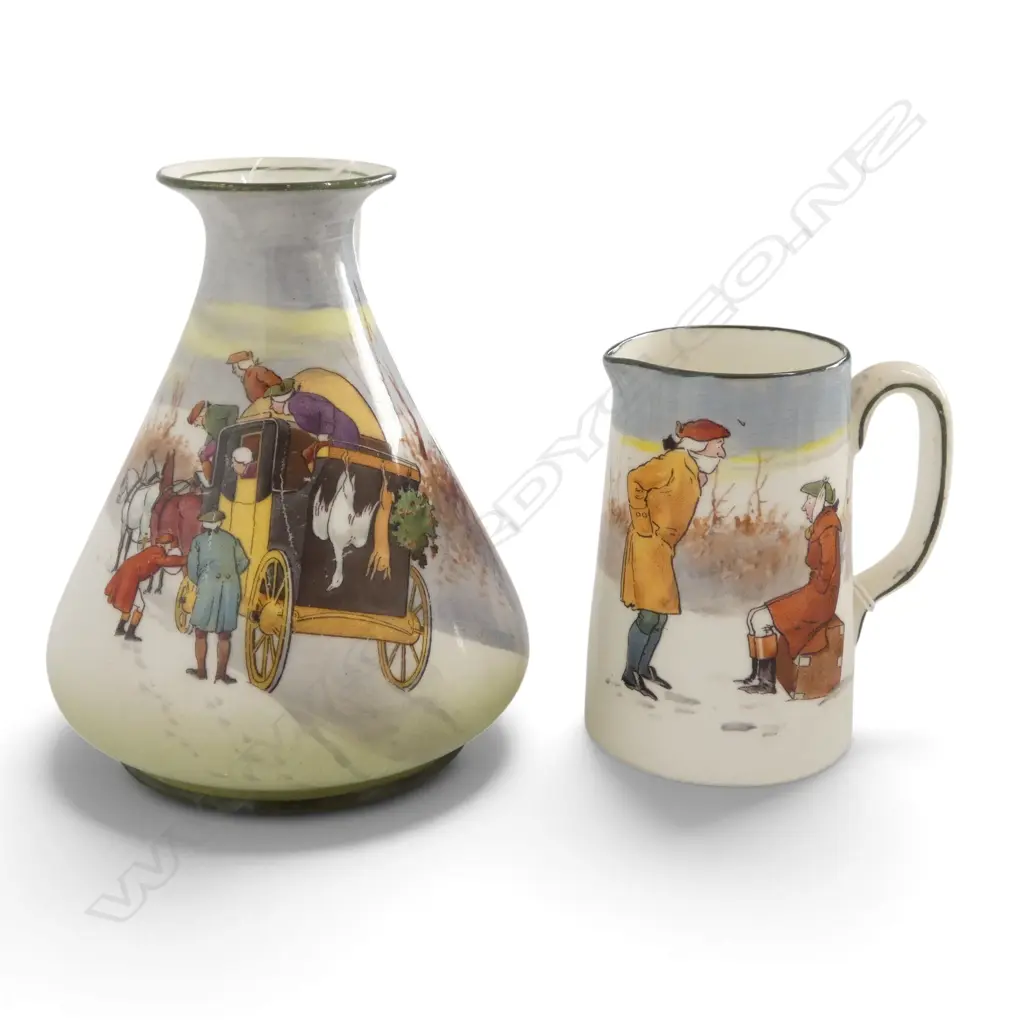 2 PCS ROYAL DOULTON COACHING DAYS RARE BLUE SKY VARIATION 1905-1906, JUG, H.80mm, VASE, H.110mm Image 1++