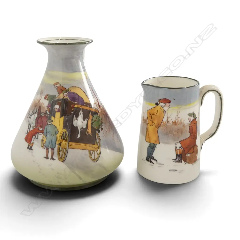 2 PCS ROYAL DOULTON COACHING DAYS RARE BLUE SKY VARIATION 1905-1906, JUG, H.80mm, VASE, H.110mm Image 1++