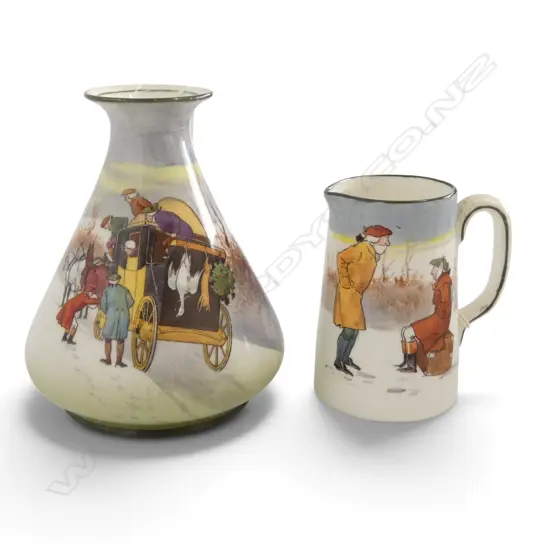 2 PCS ROYAL DOULTON COACHING DAYS RARE BLUE SKY VARIATION 1905-1906, JUG, H.80mm, VASE, H.110mm