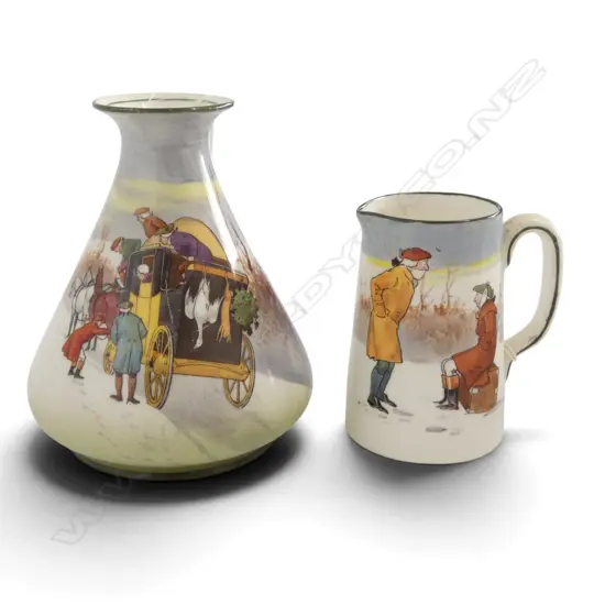 2 PCS ROYAL DOULTON COACHING DAYS RARE BLUE SKY VARIATION 1905-1906, JUG, H.80mm, VASE, H.110mm