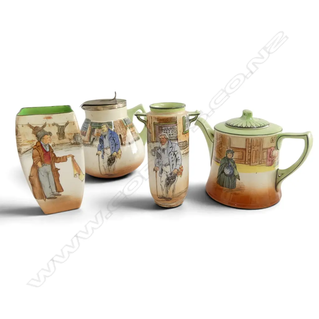 4 PCS ROYAL DOULTON DICKEN'S WARE, LIDDED JUG, TEAPOT & TWO VASES Image 1++