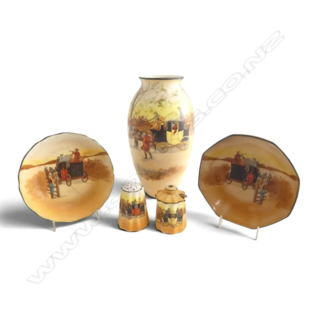 ROYAL DOULTON COACHING PAT VASE H200MM 2DISHES DIA130MM & PEPPER (no stopper) & MUSTARD POT Image 1++