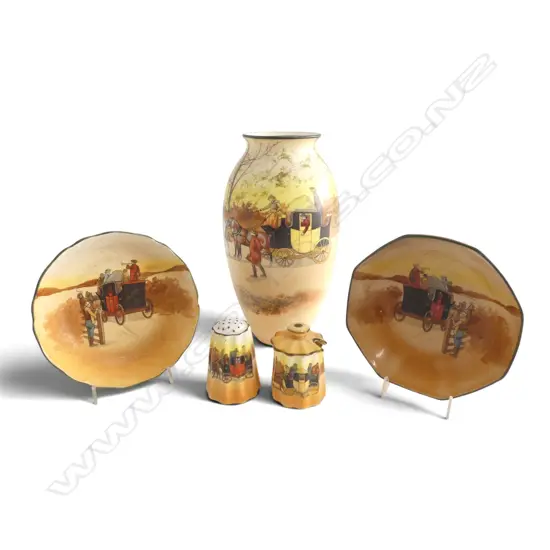 ROYAL DOULTON COACHING PAT VASE H200MM 2DISHES DIA130MM & PEPPER (no stopper) & MUSTARD POT