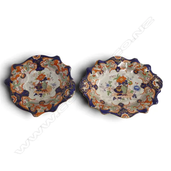 2 IRONSTONE DISHES imari palette, one w. repairs W.290mm