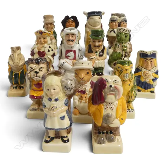 RARE SET OF 15 150yr COMMEMORATIVE ALICE IN WONDER LAND TOBY JUGS H.100mm