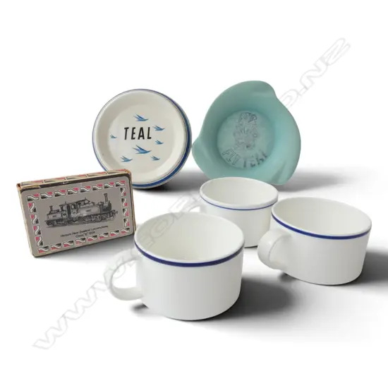 2 TEAL DISHES 130mm dia, ROYAL DOULTON ANSETT NZ CUPS, NZR PLAYING CARDS