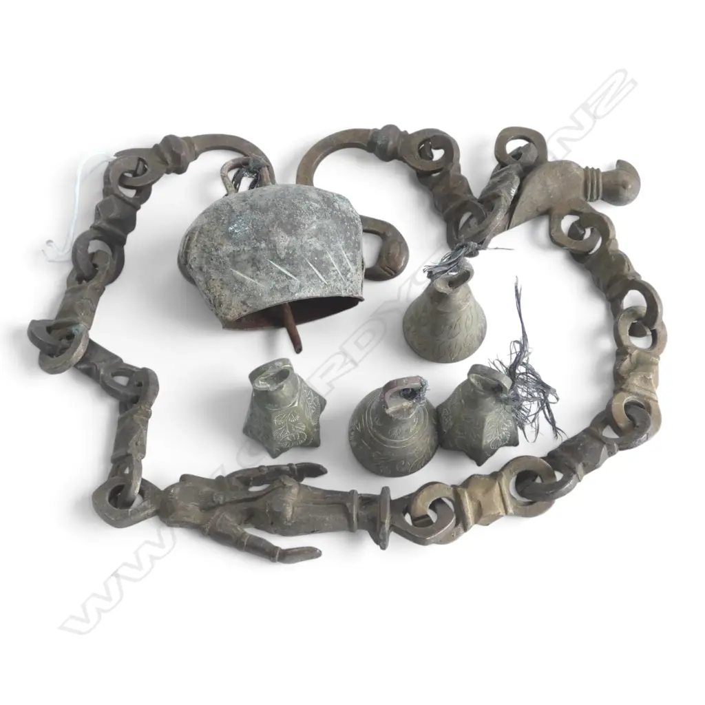 OLD INDIAN HAND FORGED BRASS CHAIN w figural & bird links, L.700mm & 5 BRASS BELLS Image 1++
