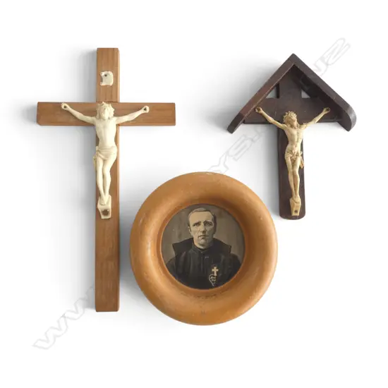 TWO VINTAGE CRUCIFIX, L.150/250mm & WOODEN FRAMED PORTRAIT of ST. JOSEPH, Dia.140mm