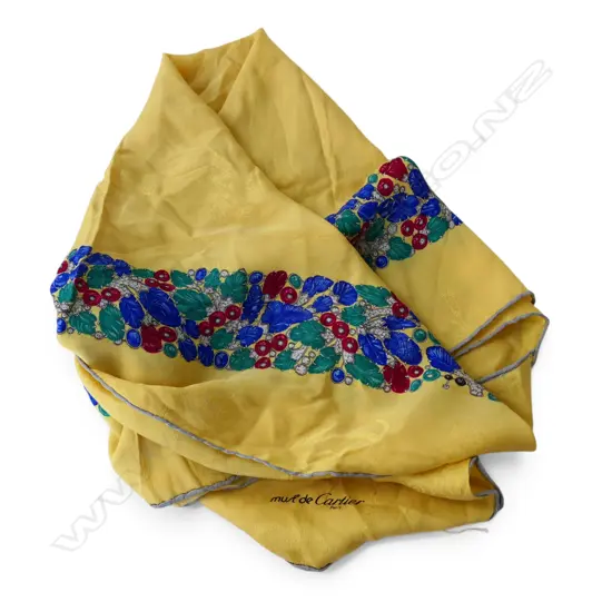 VINTAGE CARTIER SCARF yellow patterned ground w coloured jewelled border jewelled bracelet pattern. 850 x 850mm