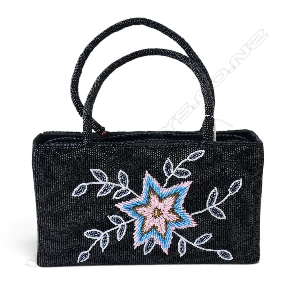 BLACK BEADED EVENING BAG with coloured floral spray highlights Image 1++