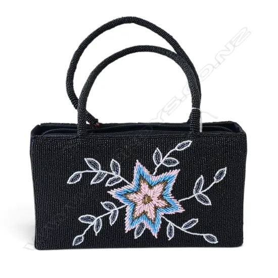 BLACK BEADED EVENING BAG with coloured floral spray highlights