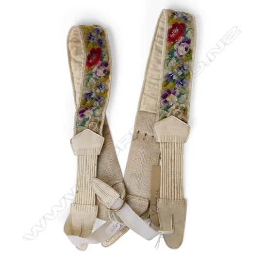 SET LATE VICTORIAN FLORAL EMBROIDERED WEDDING BRACES w leather fittings