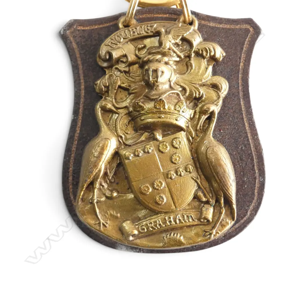 6 BRASS 'GRAHAM', 'CAMERON' & 'FRASER' ARMORIALS ON LEATHER SHIELDS H.75mm Image 1++