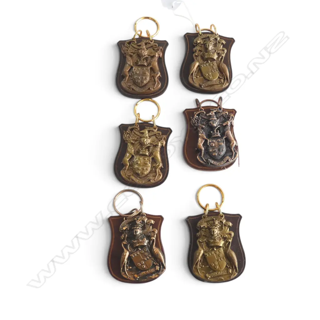 6 BRASS 'GRAHAM', 'CAMERON' & 'FRASER' ARMORIALS ON LEATHER SHIELDS H.75mm Image 1++