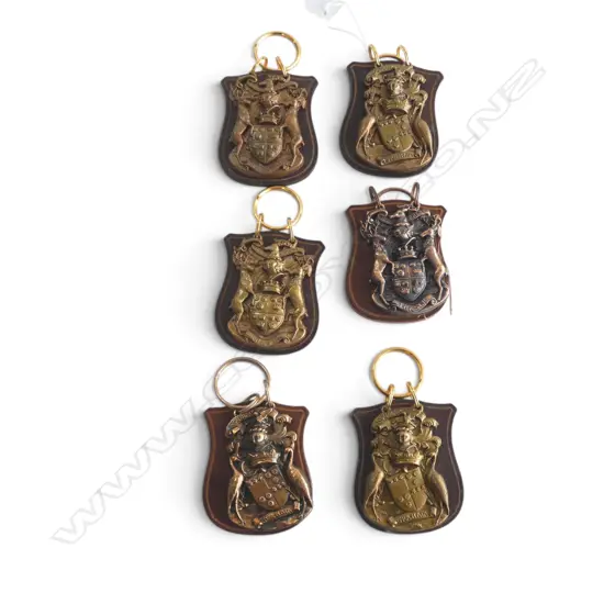 6 BRASS 'GRAHAM', 'CAMERON' & 'FRASER' ARMORIALS ON LEATHER SHIELDS H.75mm