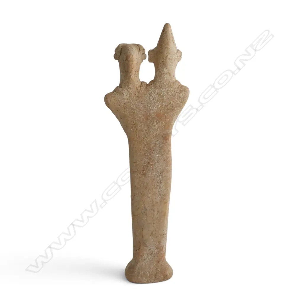 TERRACOTTA TWO HEADED IDOL w. CARD 'NORTH SYRIA 2nd MILLENNIUM B.C.' EX ANTIQUARIUS AUCKLAND H.245mm Image 1++