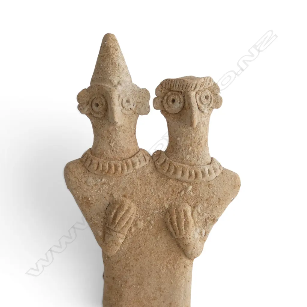 TERRACOTTA TWO HEADED IDOL w. CARD 'NORTH SYRIA 2nd MILLENNIUM B.C.' EX ANTIQUARIUS AUCKLAND H.245mm Image 1++