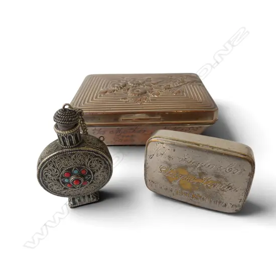 3 VINTAGE METAL PCS; SCOTTISH VESTA John Taylor & Co, 1925 SM JEWELLERY BOX & FILIGREE OPIUM BOTTLE