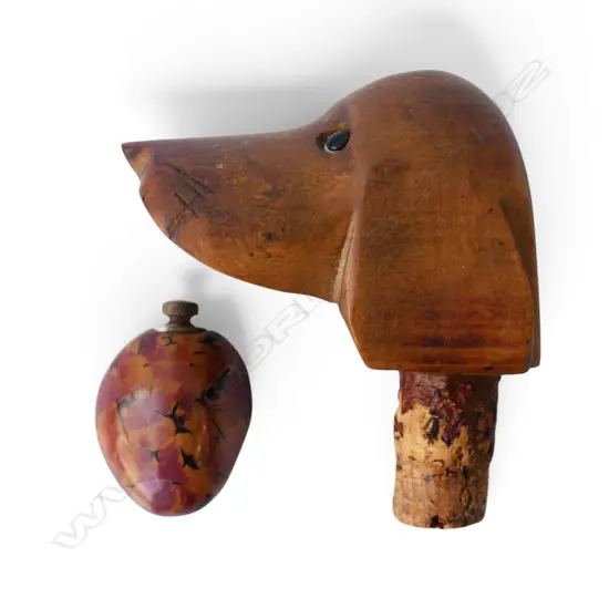 CARVED NOVELTY DOG HEAD BOTTLE STOPPER w glass eyes + POLISHED NUT PERFUME BOTTLE / SNUFF BOTTLE