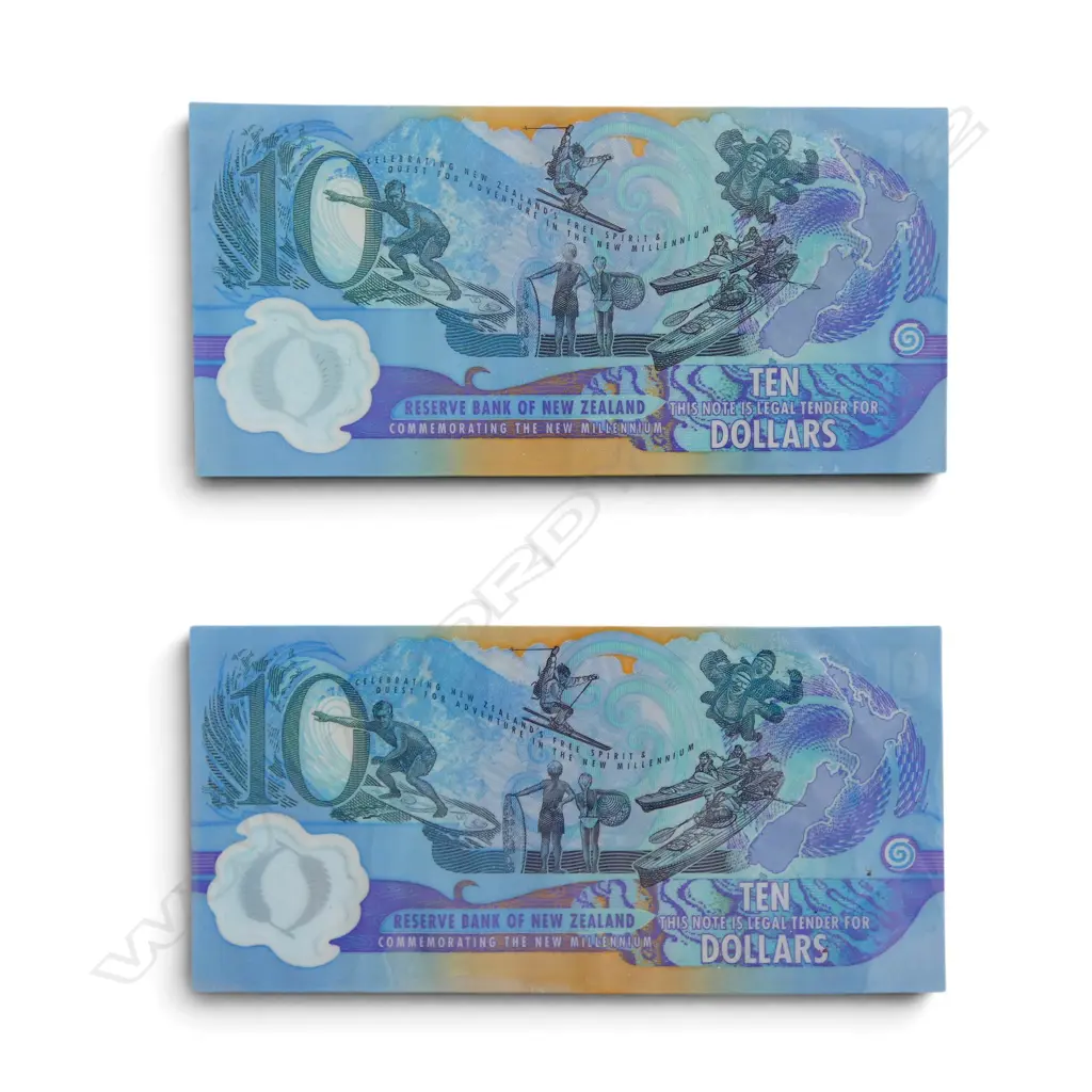 2 LAMINATED N.Z. MILLENNIUM COMM. $10 BANK NOTES Image 1++