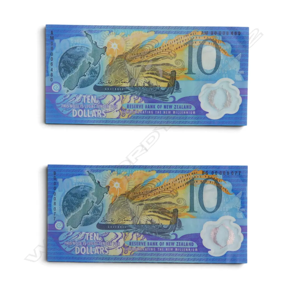 2 LAMINATED N.Z. MILLENNIUM COMM. $10 BANK NOTES Image 1++