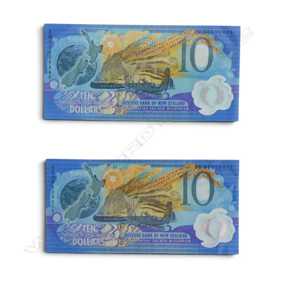 2 LAMINATED N.Z. MILLENNIUM COMM. $10 BANK NOTES