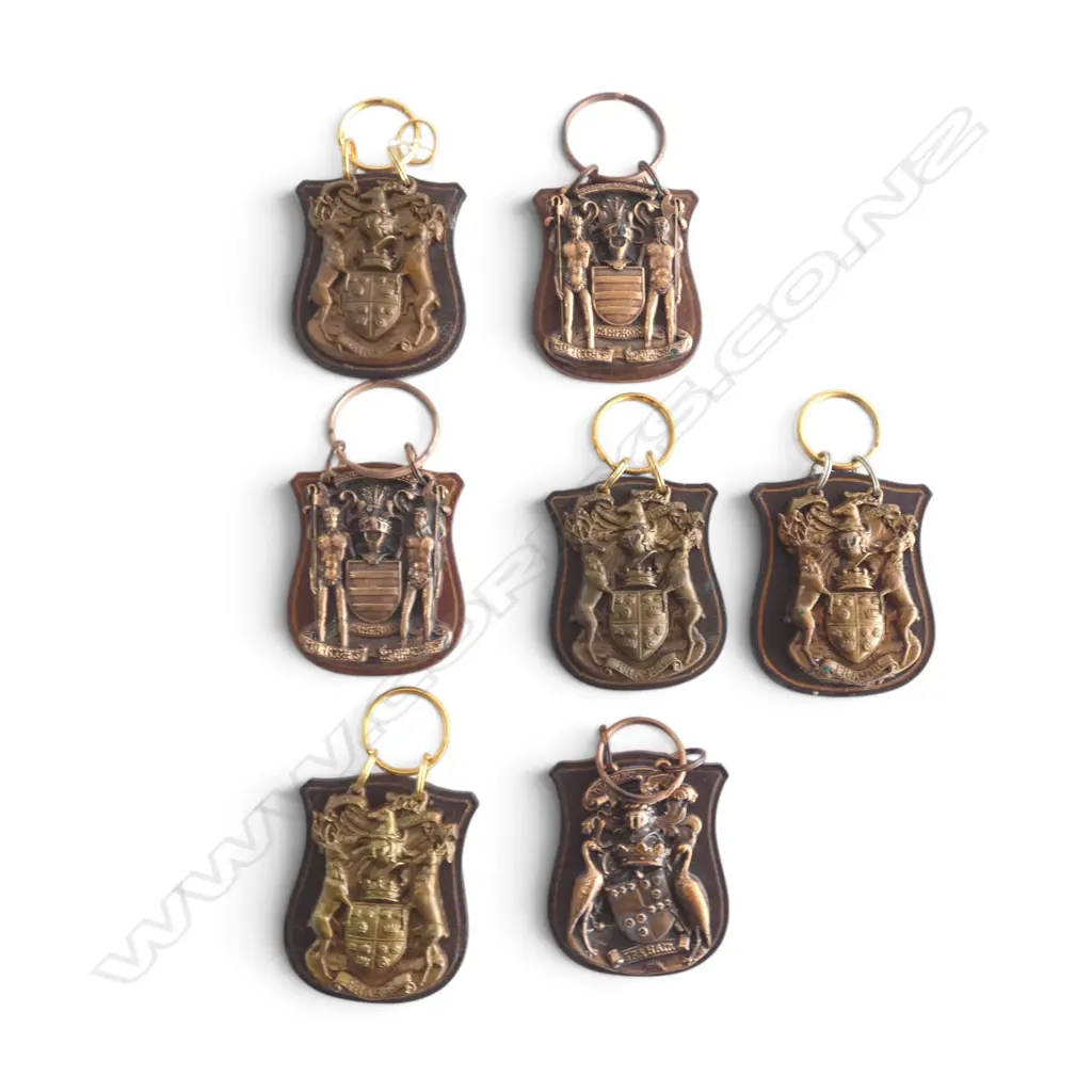 7 BRASS 'GRAHAM', 'CAMERON' & 'FRASER' ARMORIALS ON LEATHER SHIELDS H.75mm Image 1++