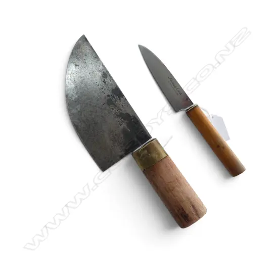 1960s JAPANESE CARBON STEEL CLEAVER, L.245mm, signed to blade & STAINLESS STEEL PARING KNIFE