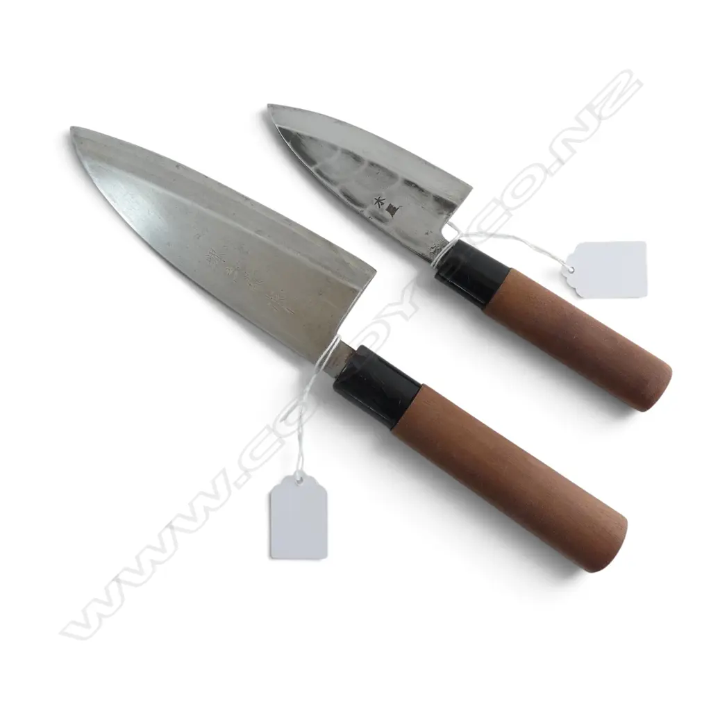 2 VINTAGE JAPANESE HAND FORGED CARBON STEEL CHEF'S KNIVES, both signed to blade, L.280/200mm Image 1++