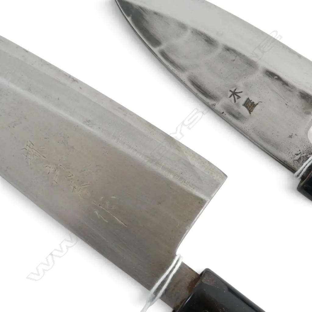 2 VINTAGE JAPANESE HAND FORGED CARBON STEEL CHEF'S KNIVES, both signed to blade, L.280/200mm Image 1++
