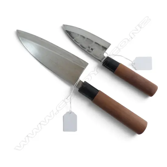 2 VINTAGE JAPANESE HAND FORGED CARBON STEEL CHEF'S KNIVES, both signed to blade, L.280/200mm