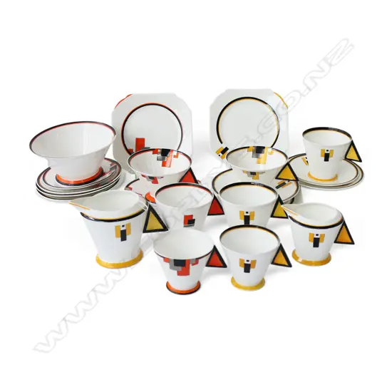 2 PART DECO SHELLEY CHINA  SETS TRIANGLE HANDLES GEOMETRIC PATS