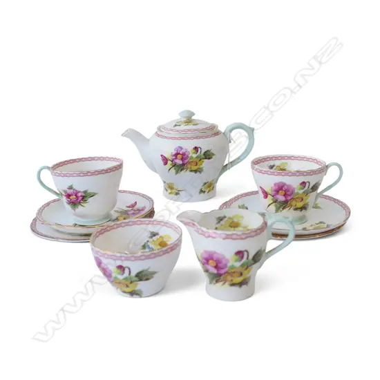 SHELLEY CHINA 3PC TEASET & 2 MATCHING CSPS PINK FLORAL PAT