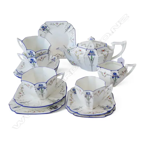 SHELLEY CHINA DECO TEAPOT CREAM JUG 3CSPS & COFFEE CSP BLUE IRIS PAT