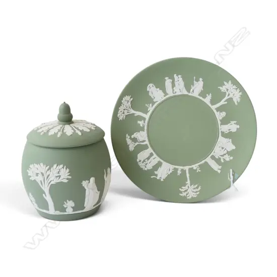 GREEN JASPERWARE WEDGWOOD TOBACCO JAR + PLATE