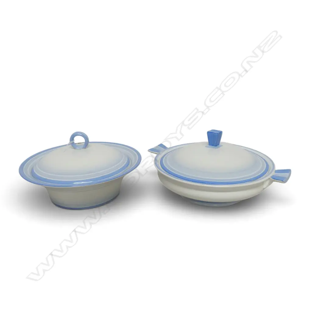 2 SHELLEY CHINA ART DECO VEG TURREENS BLUE COLOURWAY Image 1++