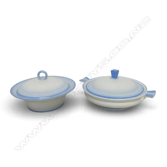 2 SHELLEY CHINA ART DECO VEG TURREENS BLUE COLOURWAY