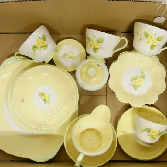 PART SHELLEY CHINA TEASET 3CSPS CAKE PLATE C/SUGAR DISHES ETC YELLOW COLOURWAY