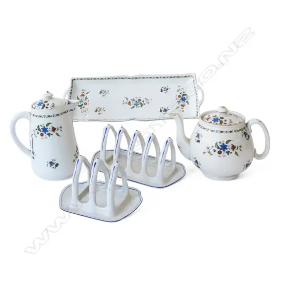 SHELLEY CHINA MATCHING TEAPOT COFFEE POT & SANDWICH PLATE CHELSEA PAT & 2 MISS MATCHING TOAST RACKS