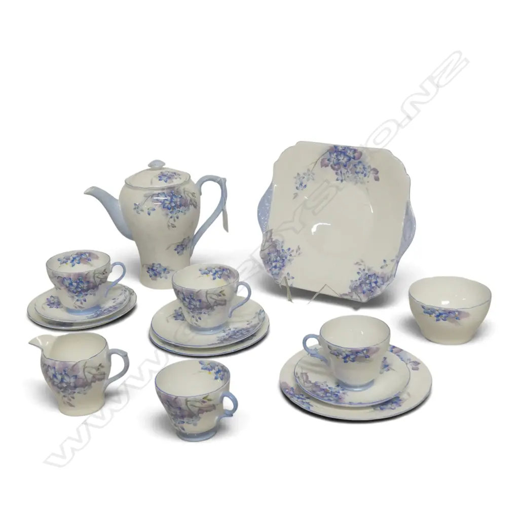 SHELLEY CHINA 3PC COFFEE SET 2 COFFEE CANS CAKE PLATE & 2 MATCHING CSPS BLUE FLORAL PAT Image 1++