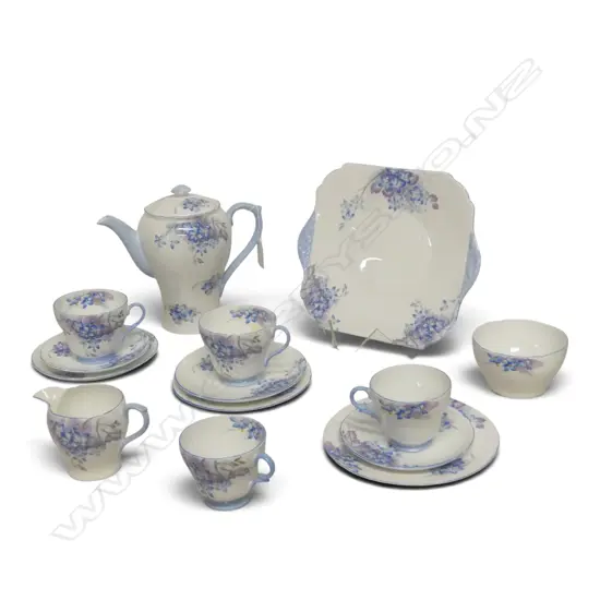 SHELLEY CHINA 3PC COFFEE SET 2 COFFEE CANS CAKE PLATE & 2 MATCHING CSPS BLUE FLORAL PAT