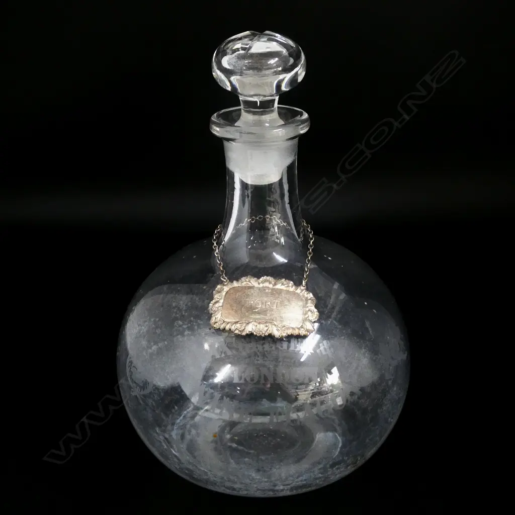MAX GREGOR & CO LONDON 'WINE FLAGON' ETCHED GLASS DECANTER w. stg silver PORT label H.270mm Image 1++